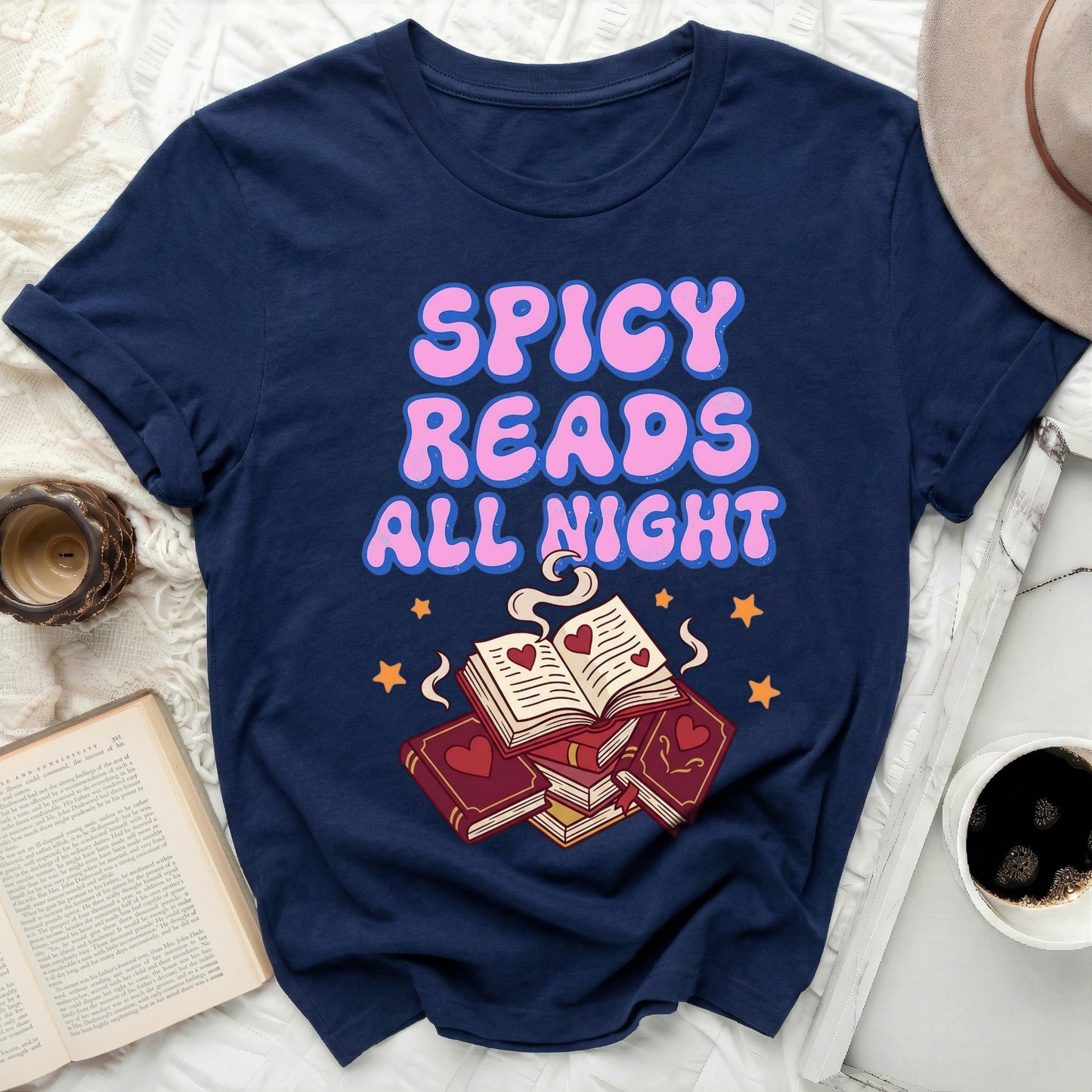 Spicy Reads All Night Booklover Graphic Tee product type