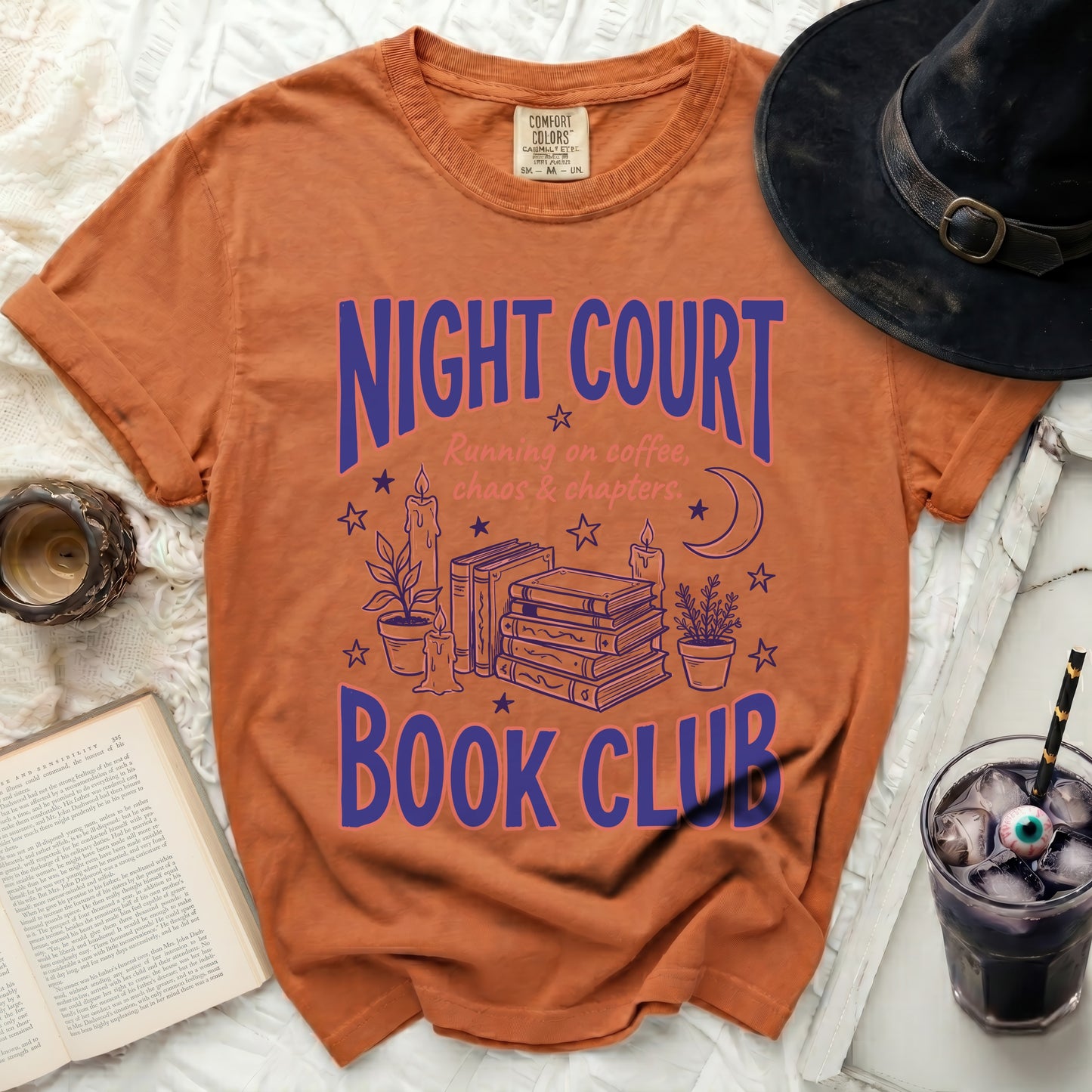 Orange t-shirt with "Night Court Book Club" and spooky design.