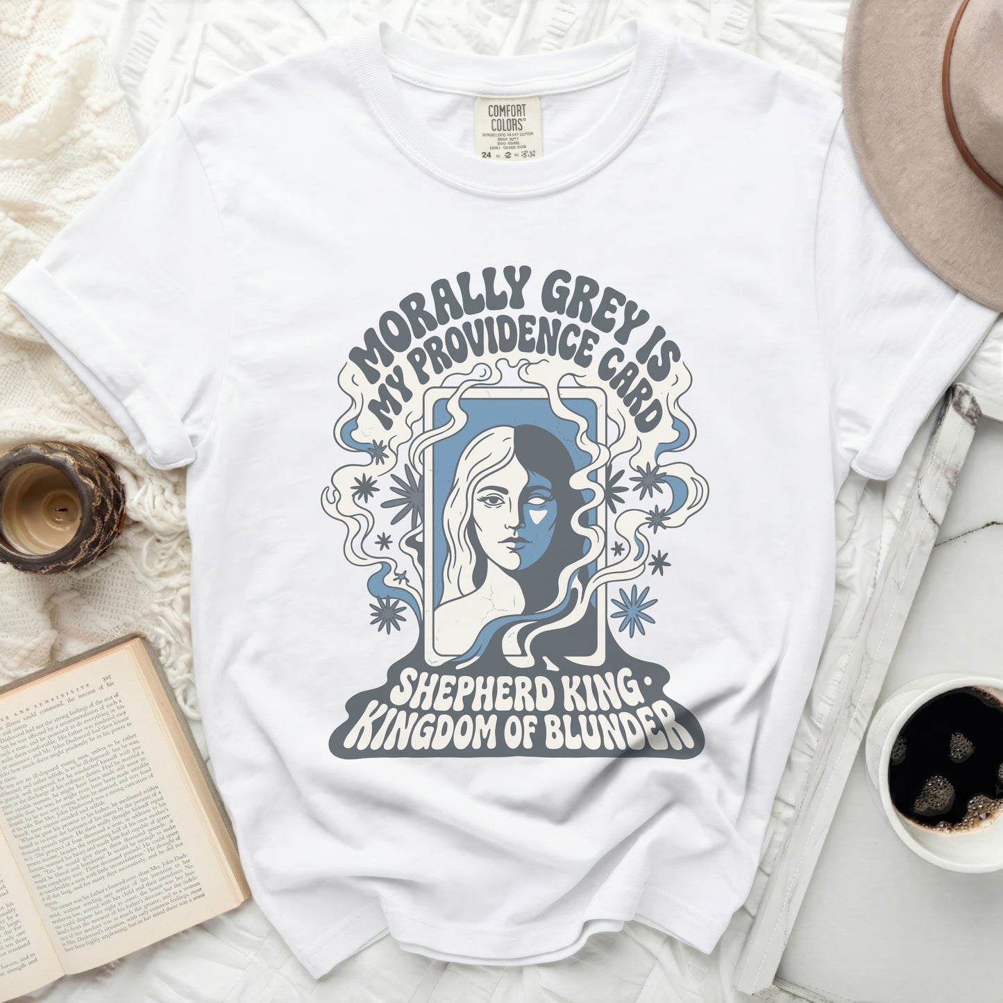 White t-shirt with "Morally Grey is My Providence Card" graphic.