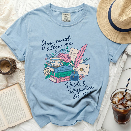 Light blue t-shirt with "Pride & Prejudice Est. 1813" floral graphic.