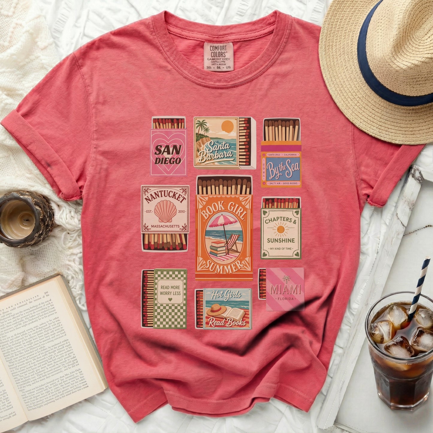 T-shirt with vintage matchbox graphics: San Diego, Nantucket, By the Sea, Chapters & Sunshine.