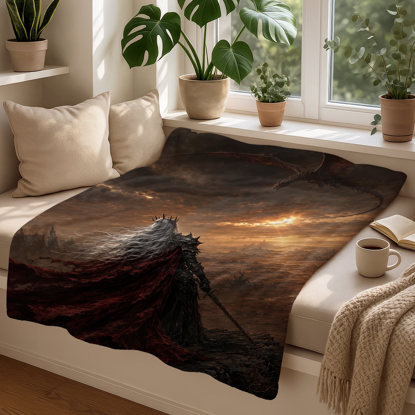 Dragon and crowned figure with white hair and red cape on dark landscape blanket.