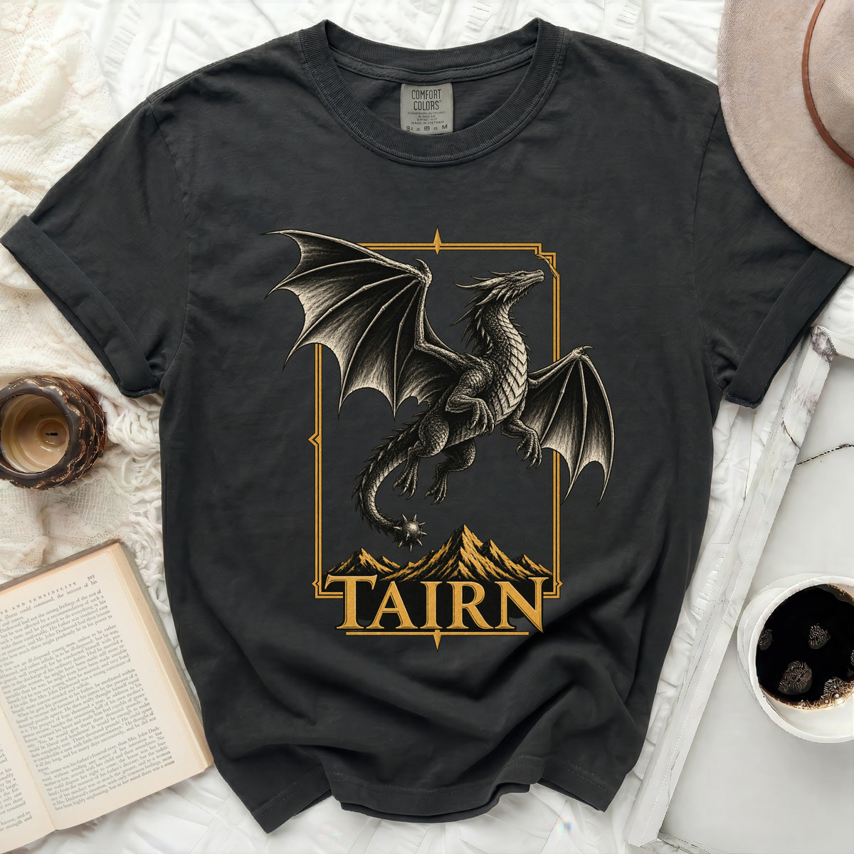 Dark grey t-shirt with a black dragon graphic and the text "TAIRN".