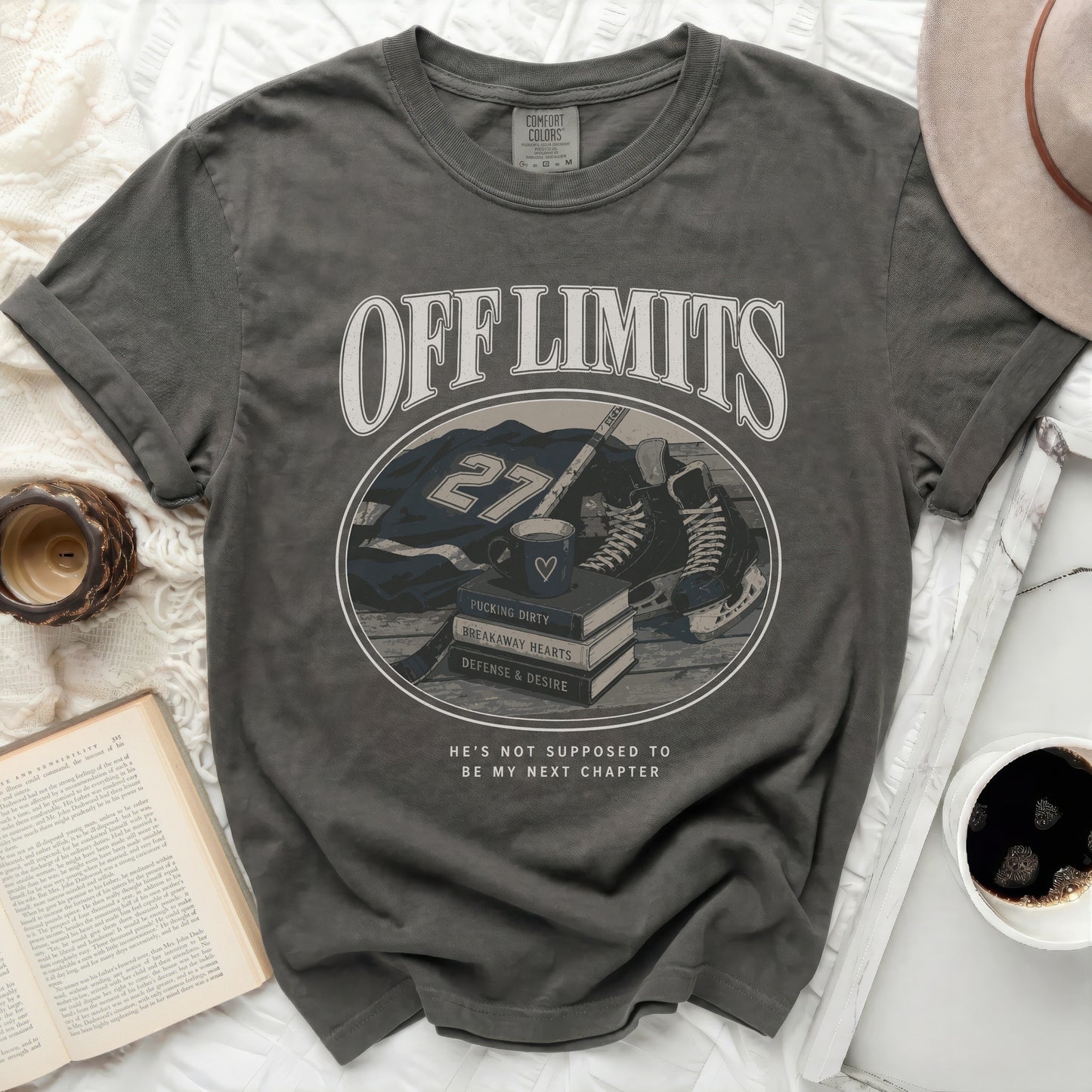 Grey t-shirt with "OFF LIMITS" graphic and hockey elements.