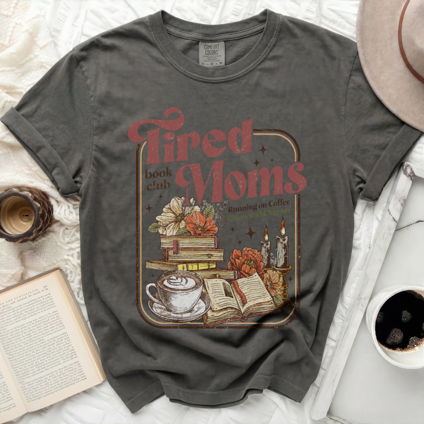 Gray t-shirt with "Tired Moms Book Club" graphic and coffee cup.