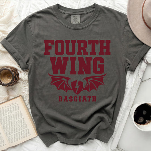 Dark grey t-shirt with red "FOURTH WING BASGIATH" text and dragon wings graphic.