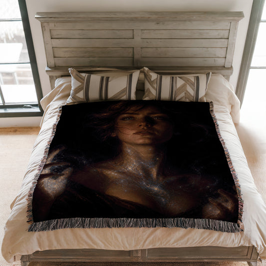 a bedroom with a bed covered in a blanket that has a large, artistic portrait of a woman on it. The woman appears to be gazing into the distance, creating a serene and contemplative atmosphere.