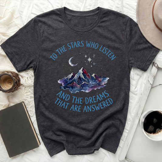 Stars Who Listen Dreams Answered Mountains T-Shirt product type
Stars Shirt
Moon Graphic
Mountain Print
Celestial Top
Inspirational Quote
Dream Shirt
Answered Dreams
Watercolor Art
Nature Design
Night Sky Tee
Cosmic Clothing
Mystical Theme
Fantasy Apparel
Adventure Shirt
Spiritual Gift
Hopeful Quote
Unique Tee
Dark Gray Shirt
Graphic TShirt
Aesthetic Top