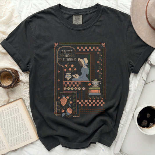 Charcoal t-shirt with "Pride and Prejudice" cross-stitch design.