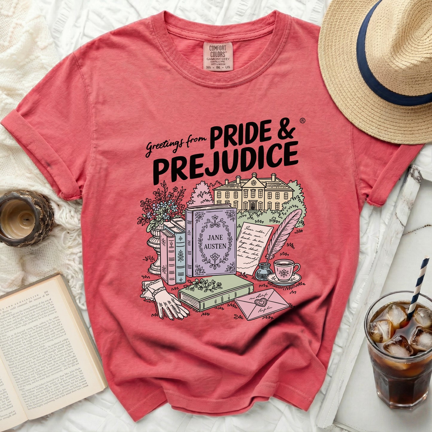 T-shirt with "Pride & Prejudice" literary illustrations and text.