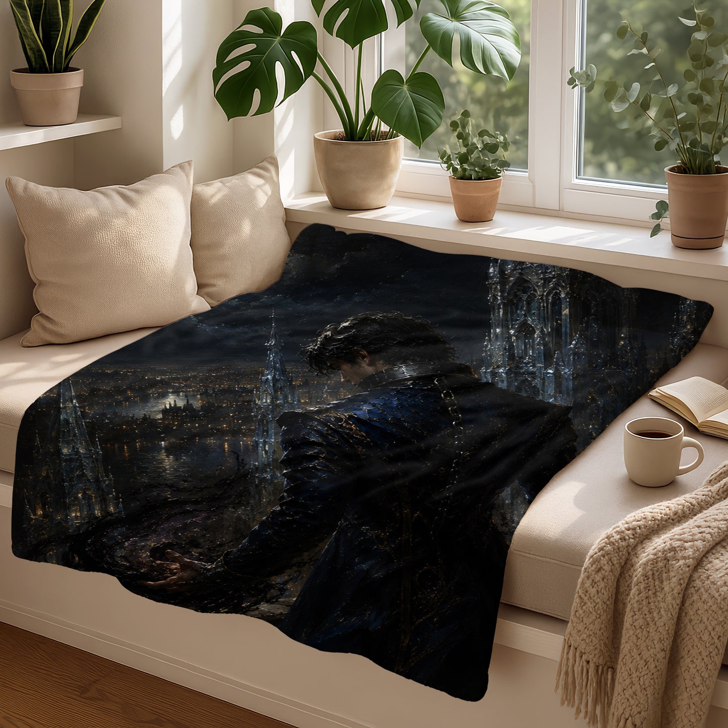 Dark blue blanket with fantasy man overlooking a city at night.