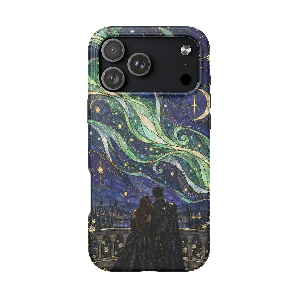 Phone case featuring a stained glass illustration of a couple gazing at a starry night sky.