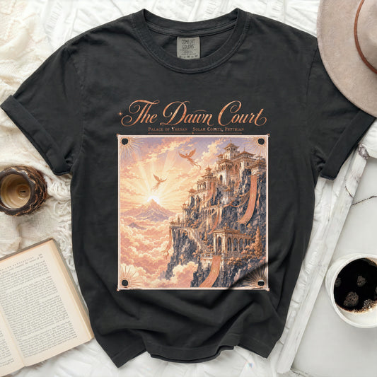 Dark t-shirt with "The Dawn Court" and fantasy palace illustration.