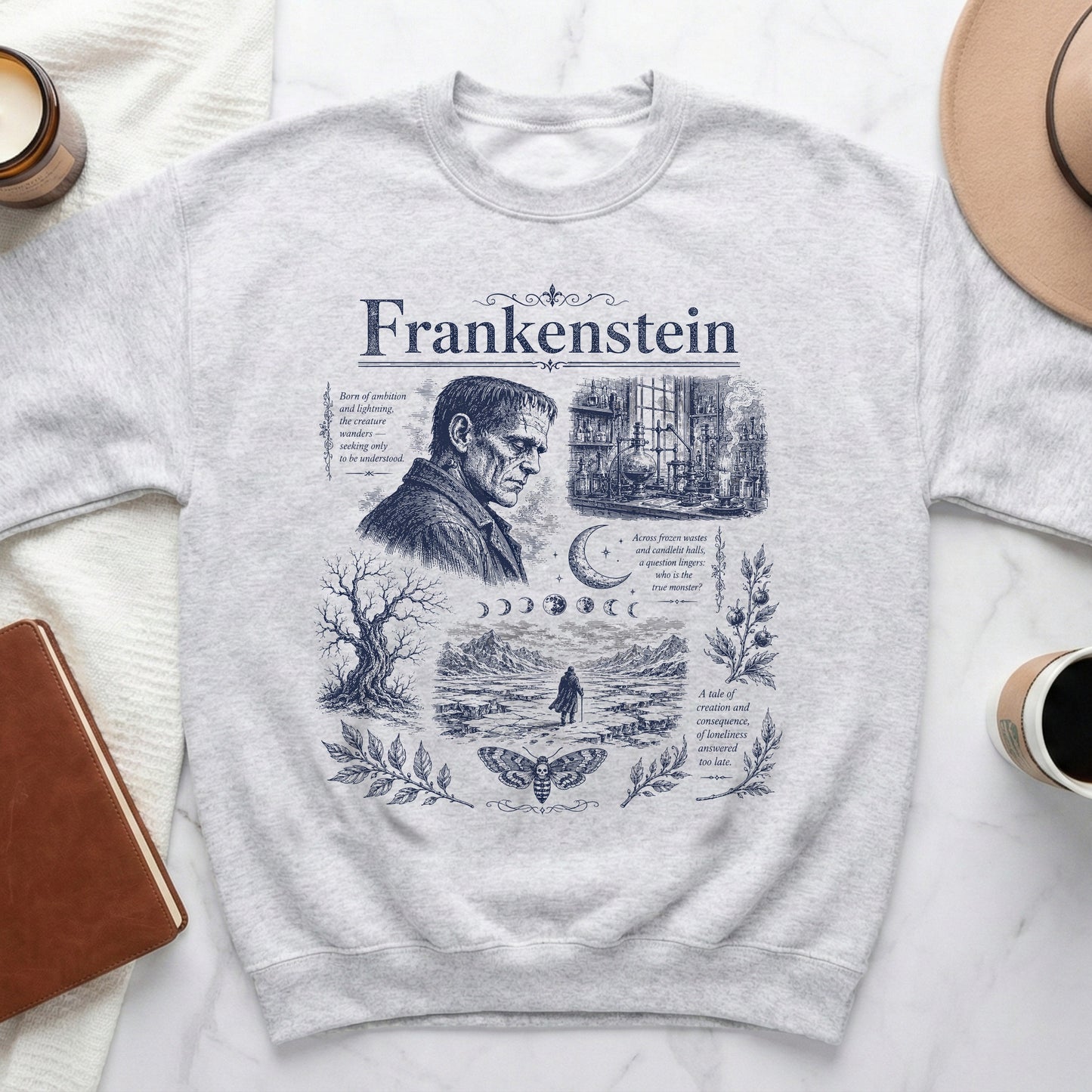 Light gray sweatshirt with vintage Frankenstein artwork and text.