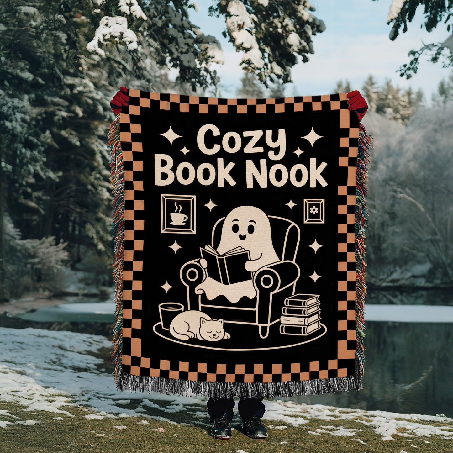 Cozy Book Nook Ghost Woven Blanket