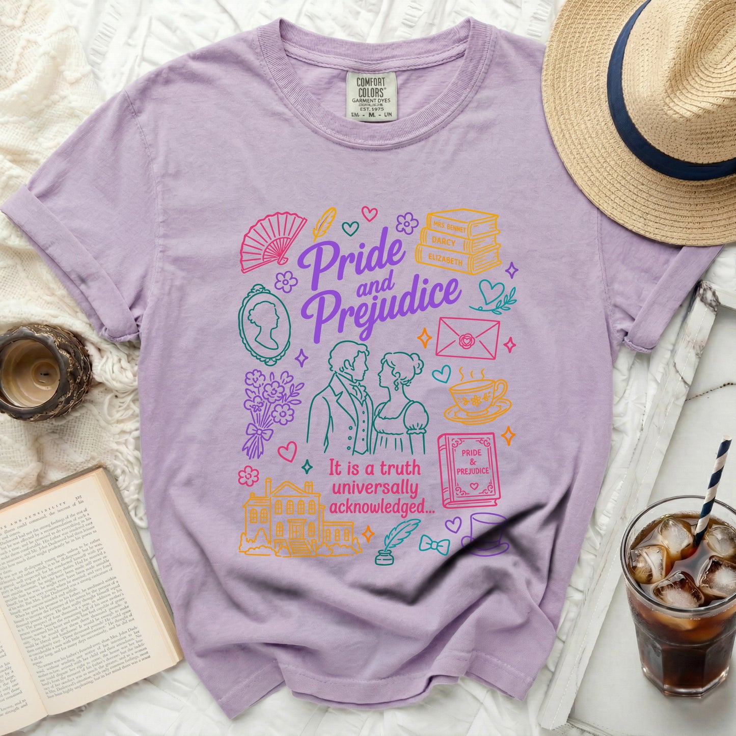 Lavender t-shirt with Pride and Prejudice graphic and quote.