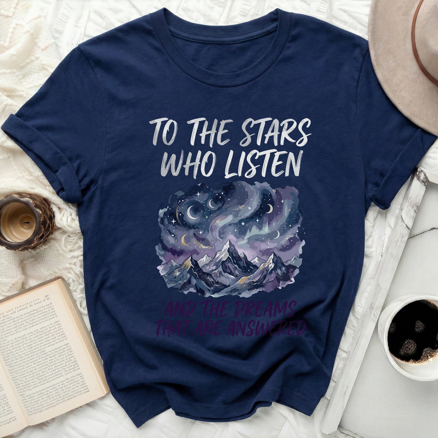 TO THE STARS WHO LISTEN DREAMS ANSWERED T-shirt
T-shirt
Graphic Tee
Apparel
Clothing
Stars Quote
Dreams Quote
Literary Tee
Book Lover
Celestial Design
Night Sky
Galaxy Art
Mountains Print
Nature Theme
Inspirational
Fantasy Style
Dark Blue Shirt
Navy Top
Crewneck
Short Sleeve
Gift Idea