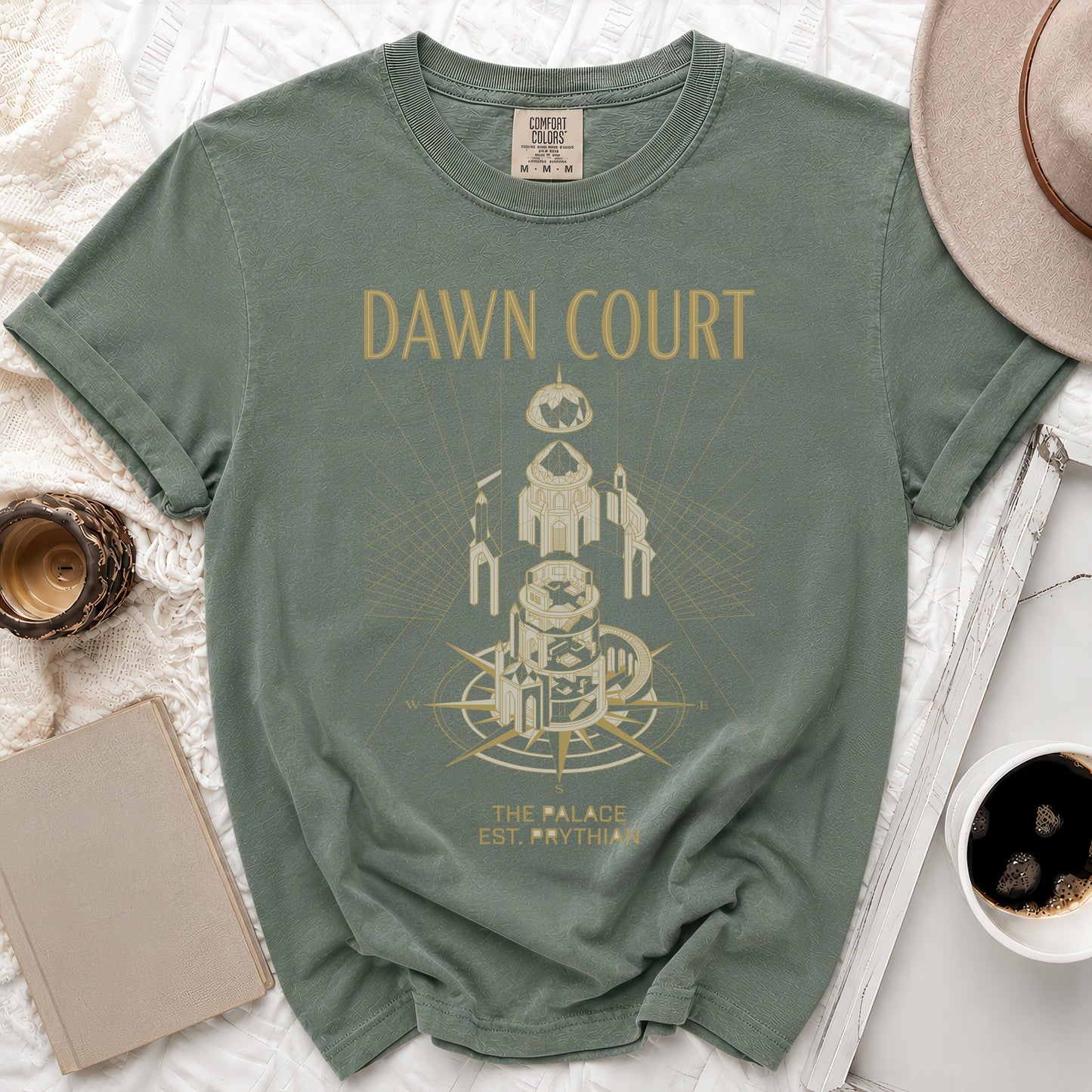 Green t-shirt with "Dawn Court" and ornate palace design.