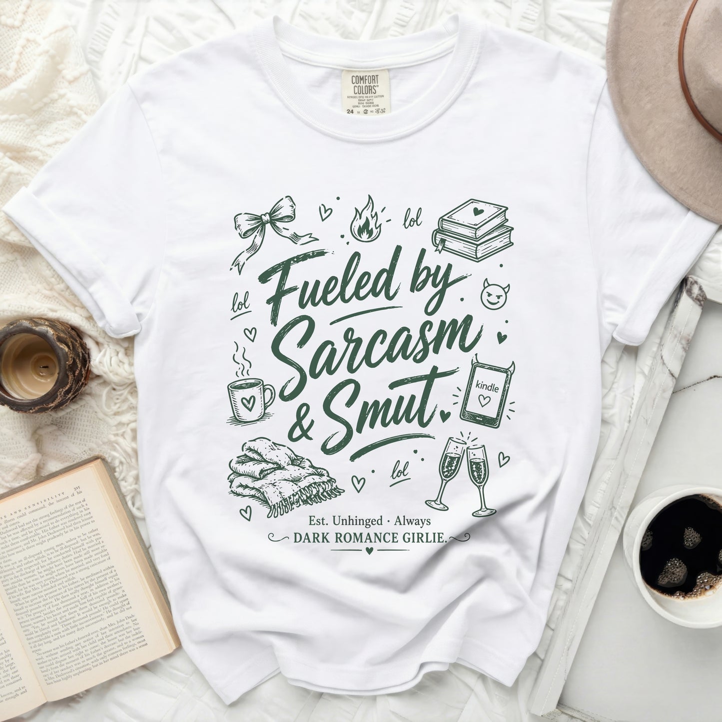 White t-shirt with "Fueled by Sarcasm & Smut" and "Dark Romance Girlie" text.