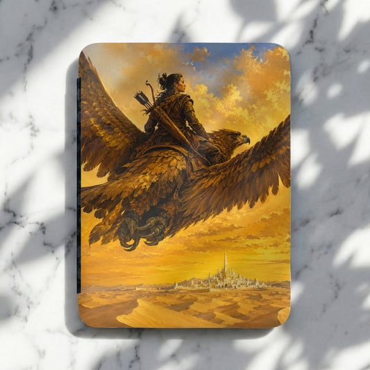 Woman archer riding an eagle over desert landscape towards a city.