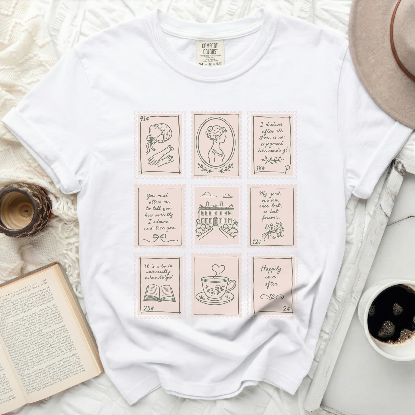 T-shirt with nine decorative stamps featuring drawings and text.