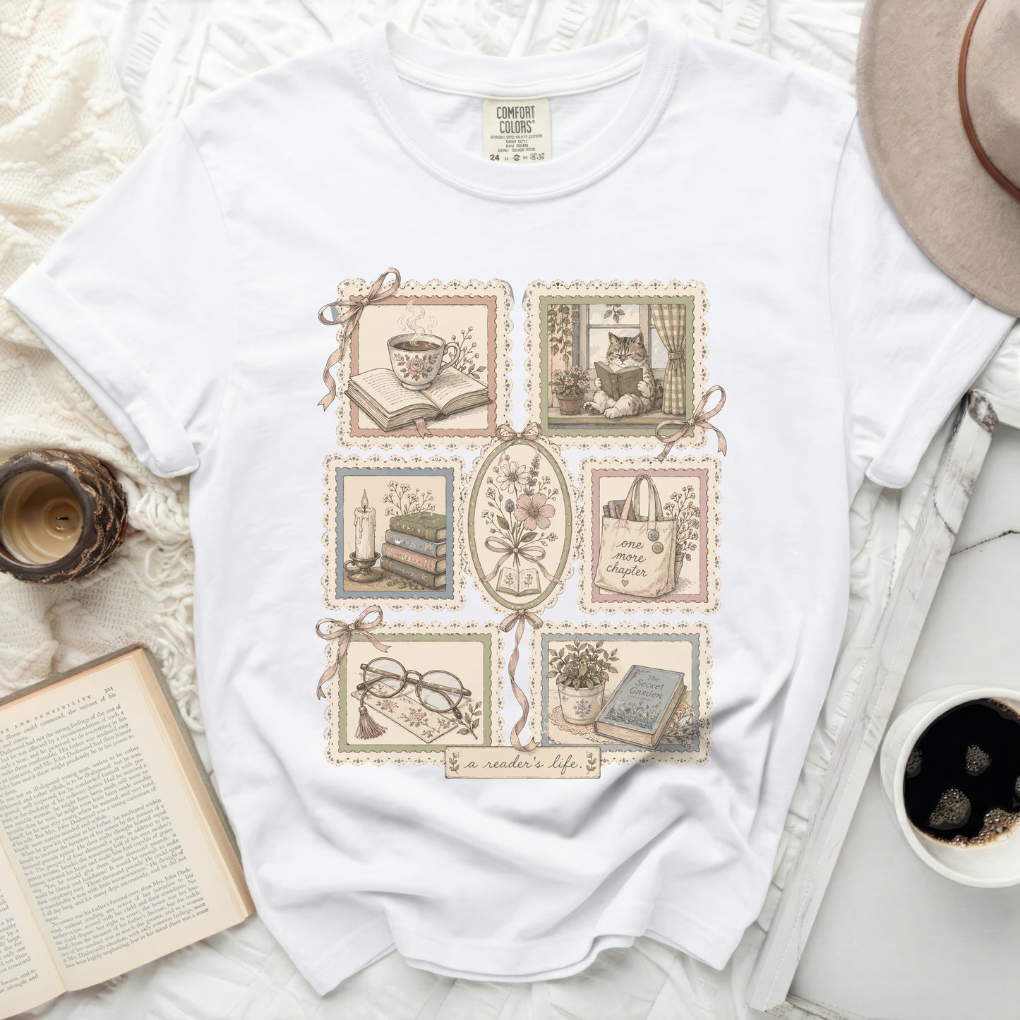 White t-shirt with postage stamp style illustrations of books and reading.