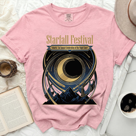 Pink Comfort Colors t-shirt with Starfall Festival design.