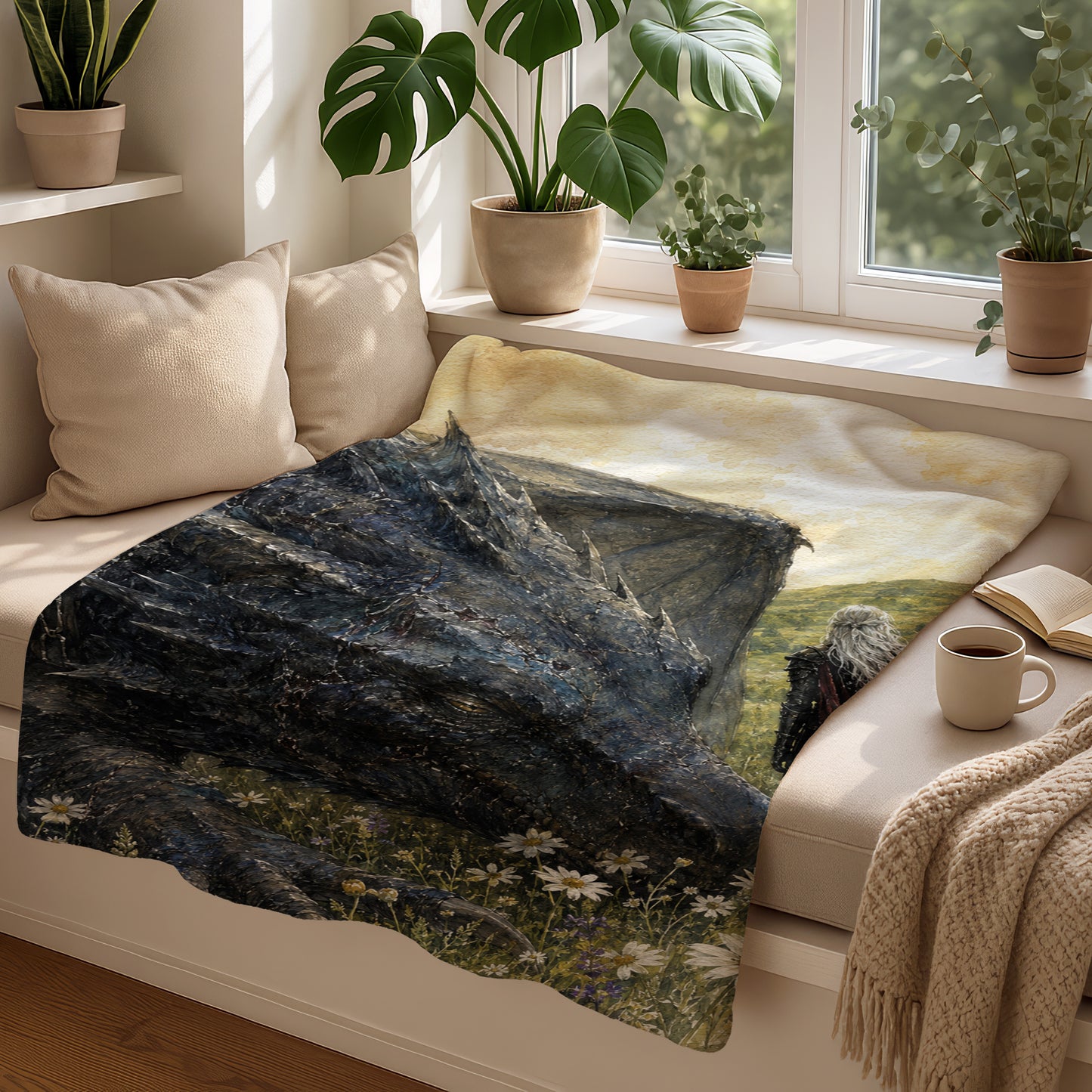 Dragon and Witcher art on a blanket displayed with plants, books, and coffee.
