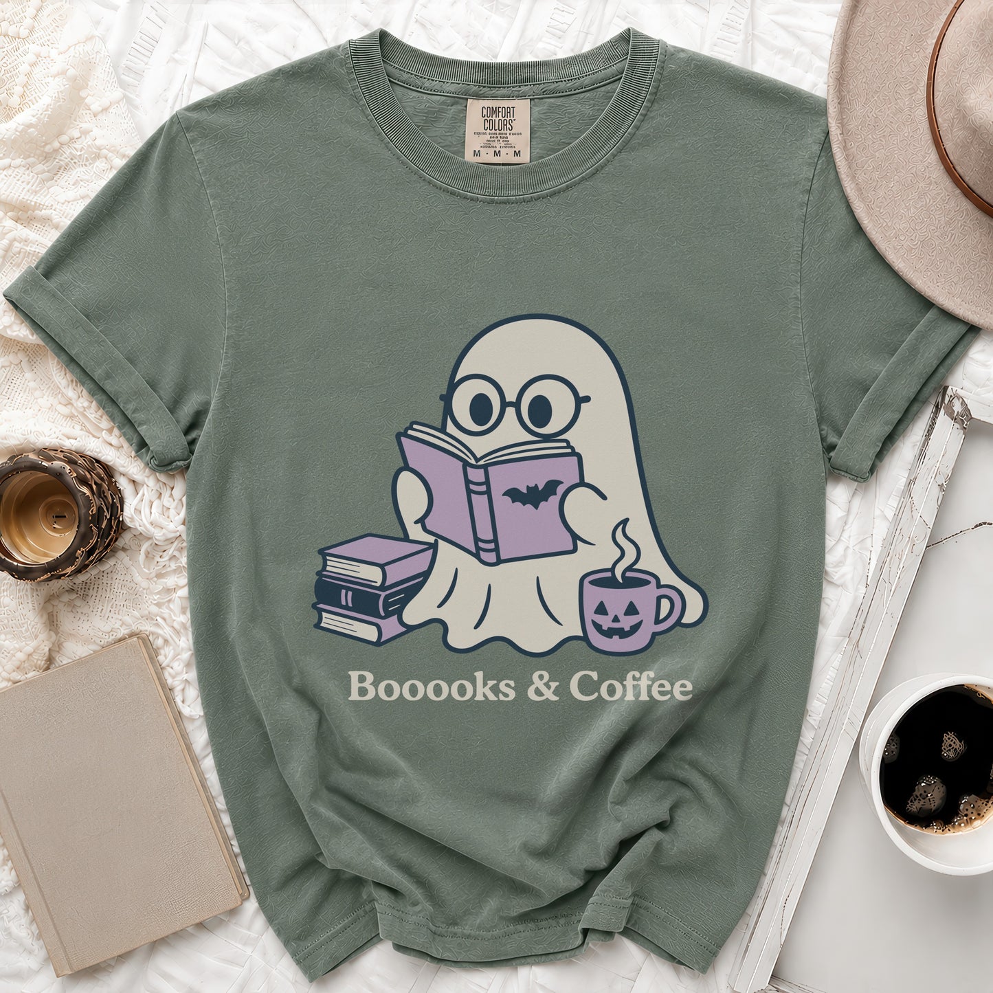Green Comfort Colors t-shirt with ghost reading, coffee, and text "Boooooks & Coffee".