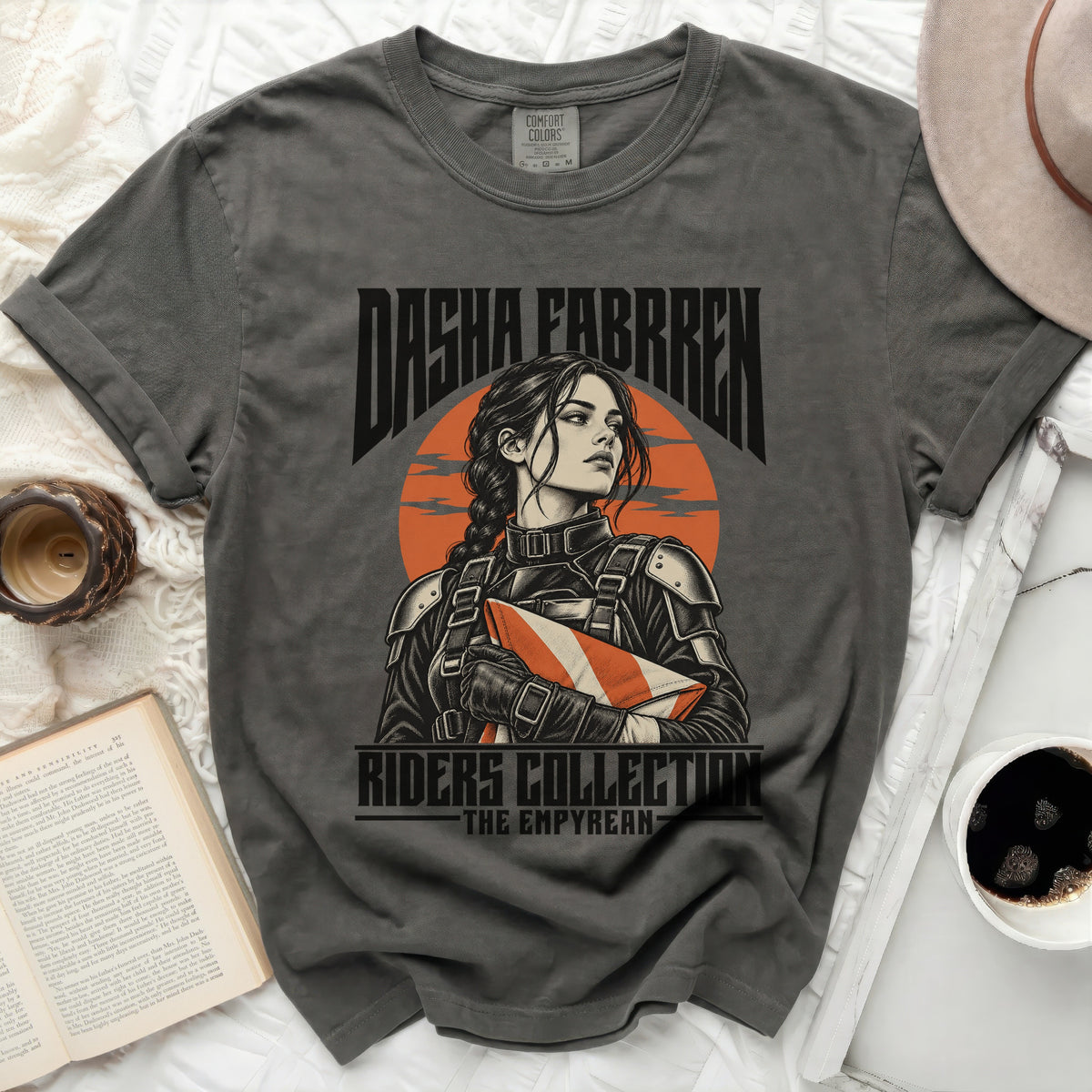 Dark gray t-shirt with Dasha Fabrren illustration, "Riders Collection," and "The Empyrean" text.