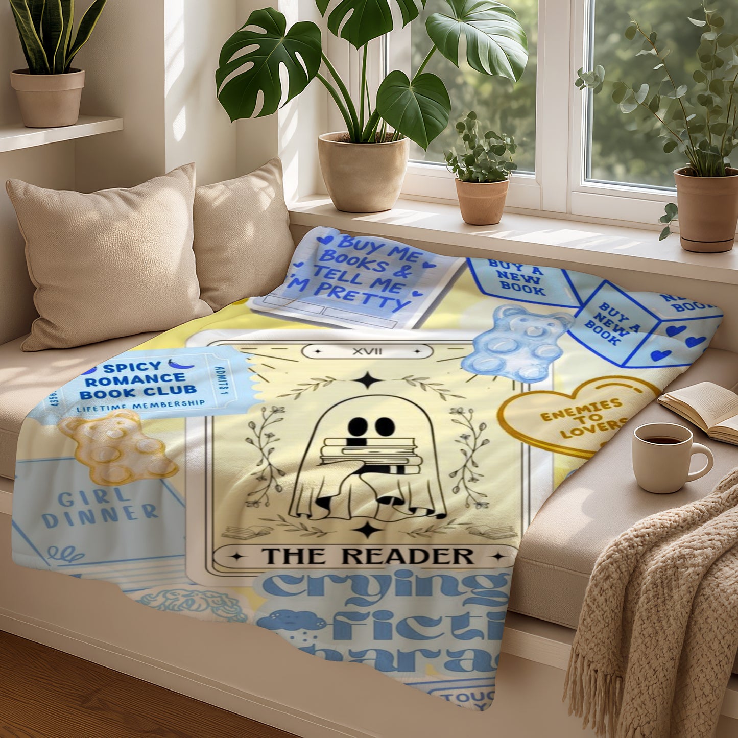 A book-themed blanket featuring "The Reader" tarot card design and text about books.