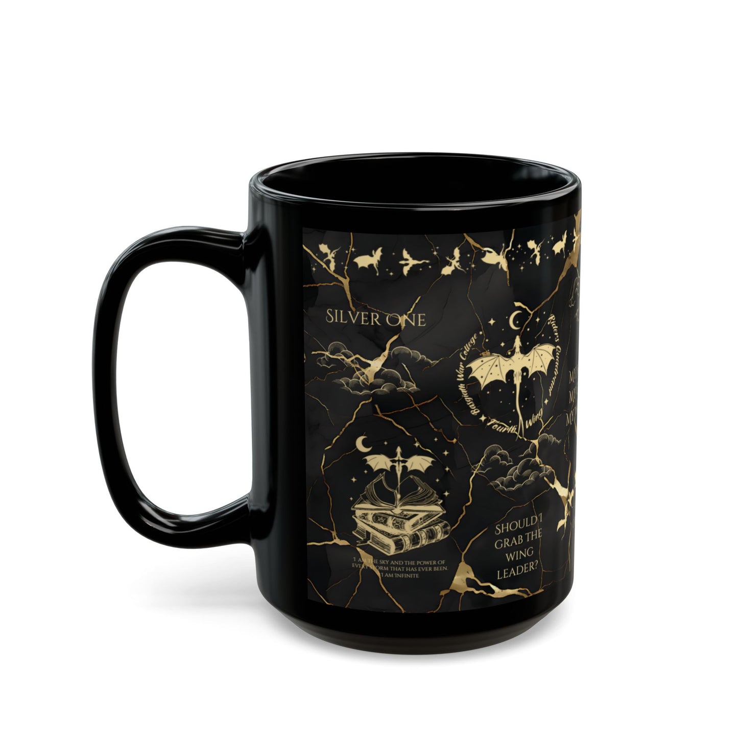 a black coffee mug with gold designs on it