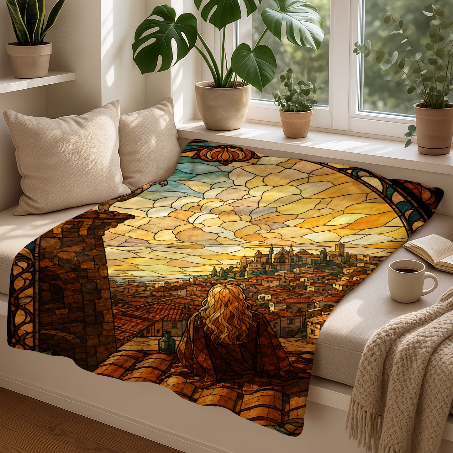 Blanket with a stained-glass scene of a person overlooking a Tuscan town.