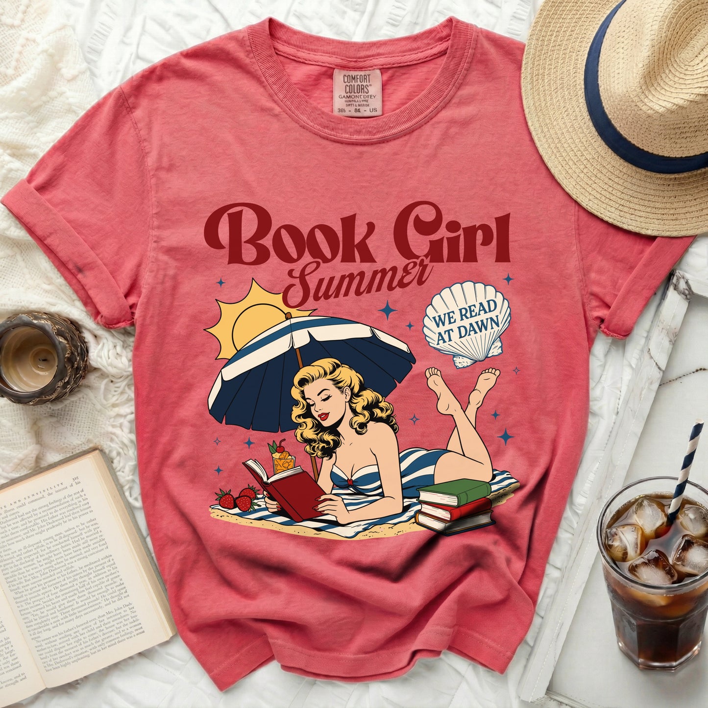 Coral t-shirt with "Book Girl Summer" graphic and retro beach scene.