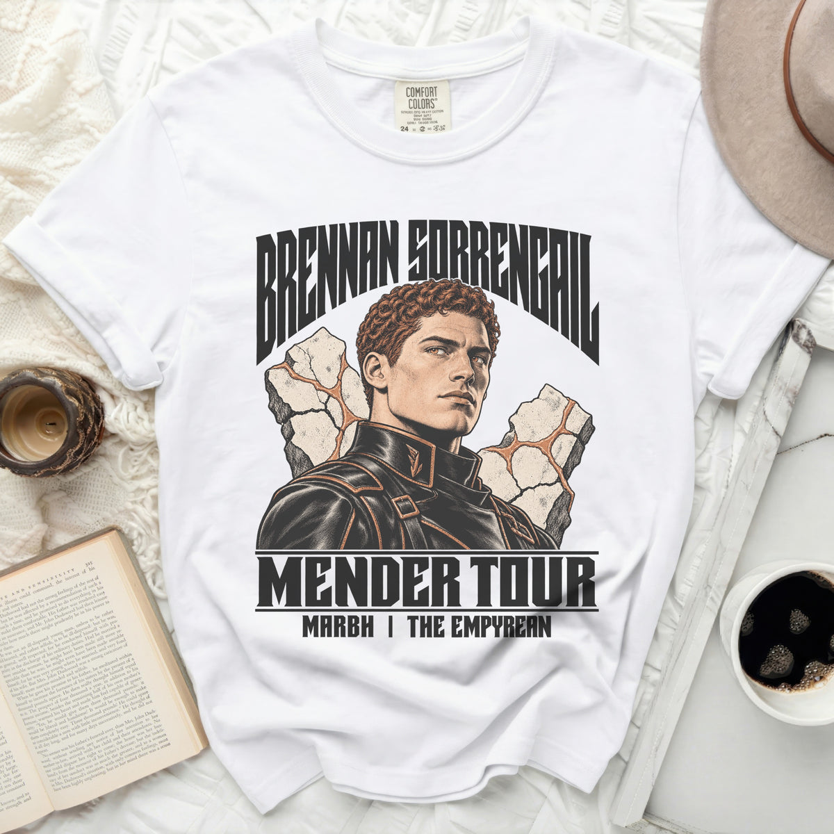 White t-shirt with "BRENNAN SORRENGAL MENDER TOUR" graphic and man illustration.