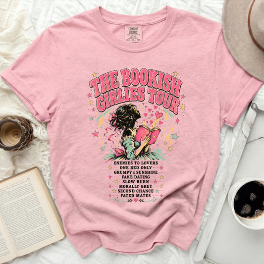 Pink t-shirt with "The Bookish Girlies Tour" text and romance tropes.
