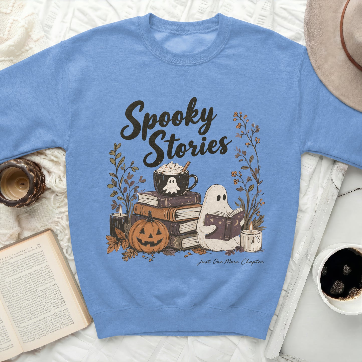 Light blue sweatshirt with Halloween ghost, pumpkin, and text.