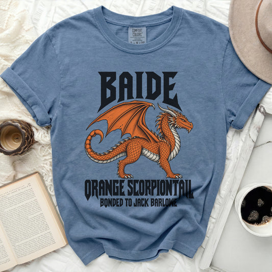 Blue t-shirt with orange dragon, "BAIDE", "ORANGE SCORPIONTAIL", and "BONDED TO JACK BARLOWE" text.