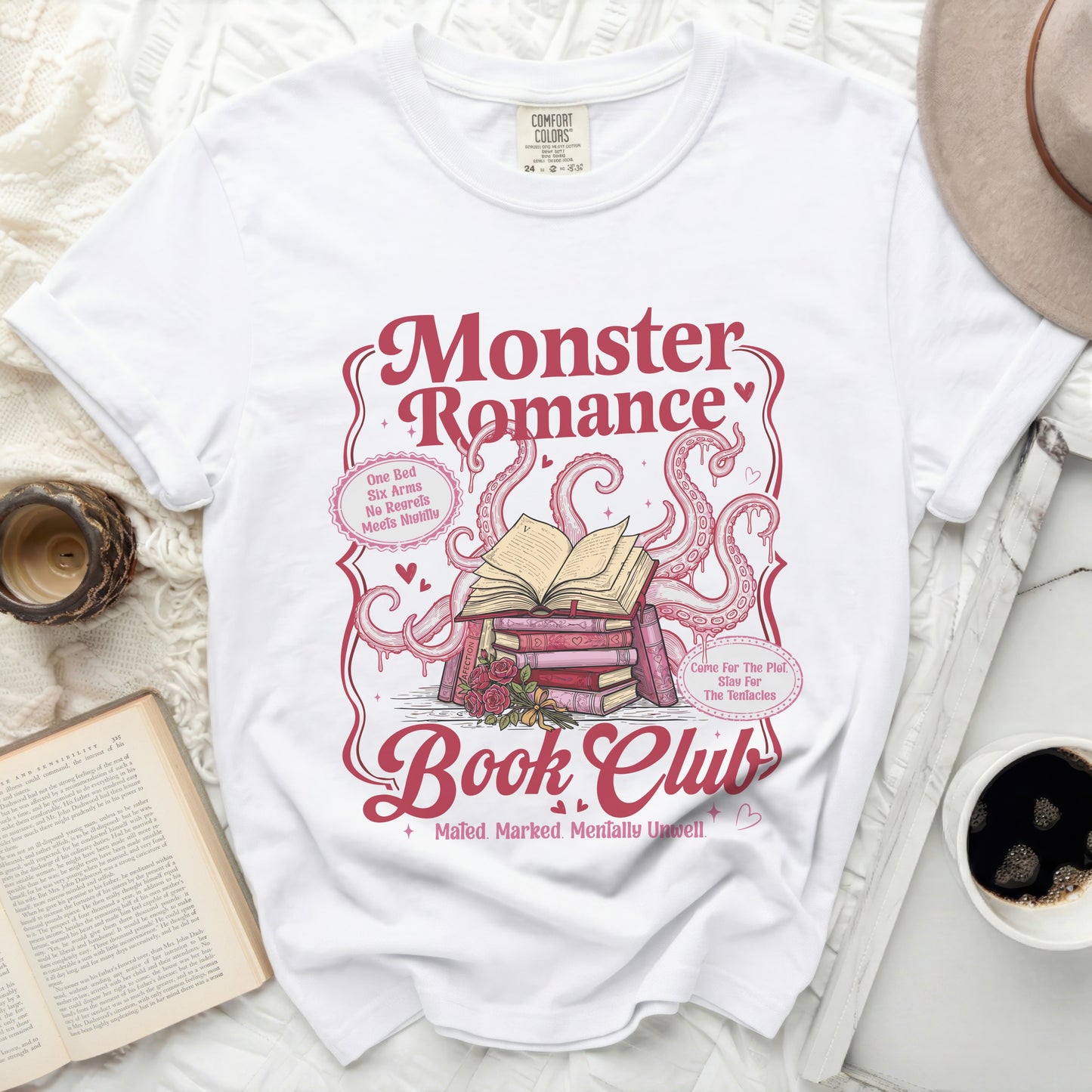 White t-shirt with "Monster Romance Book Club" graphic and tentacles.