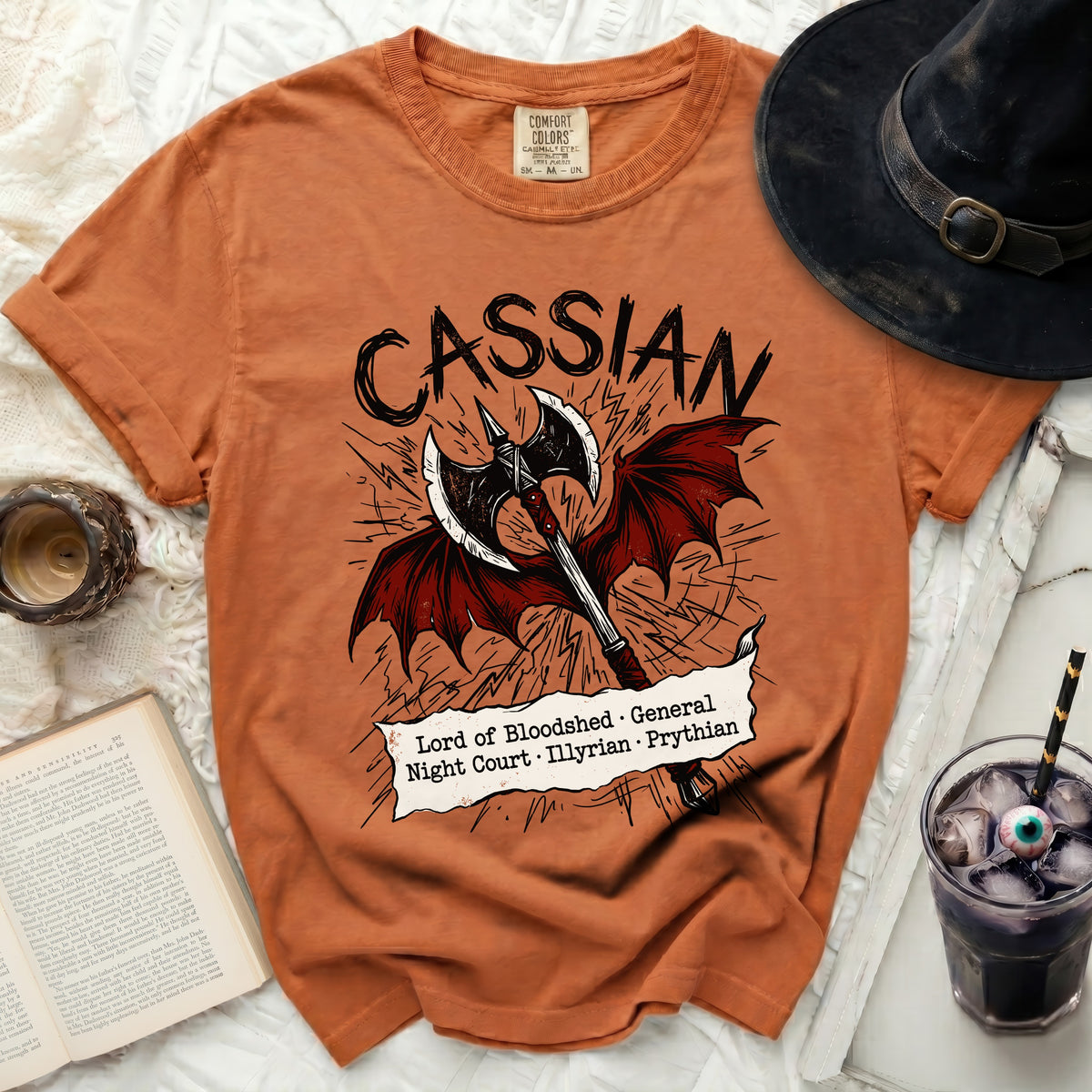 Orange t-shirt with "Cassian Lord of Bloodshed General Night Court" graphic.
