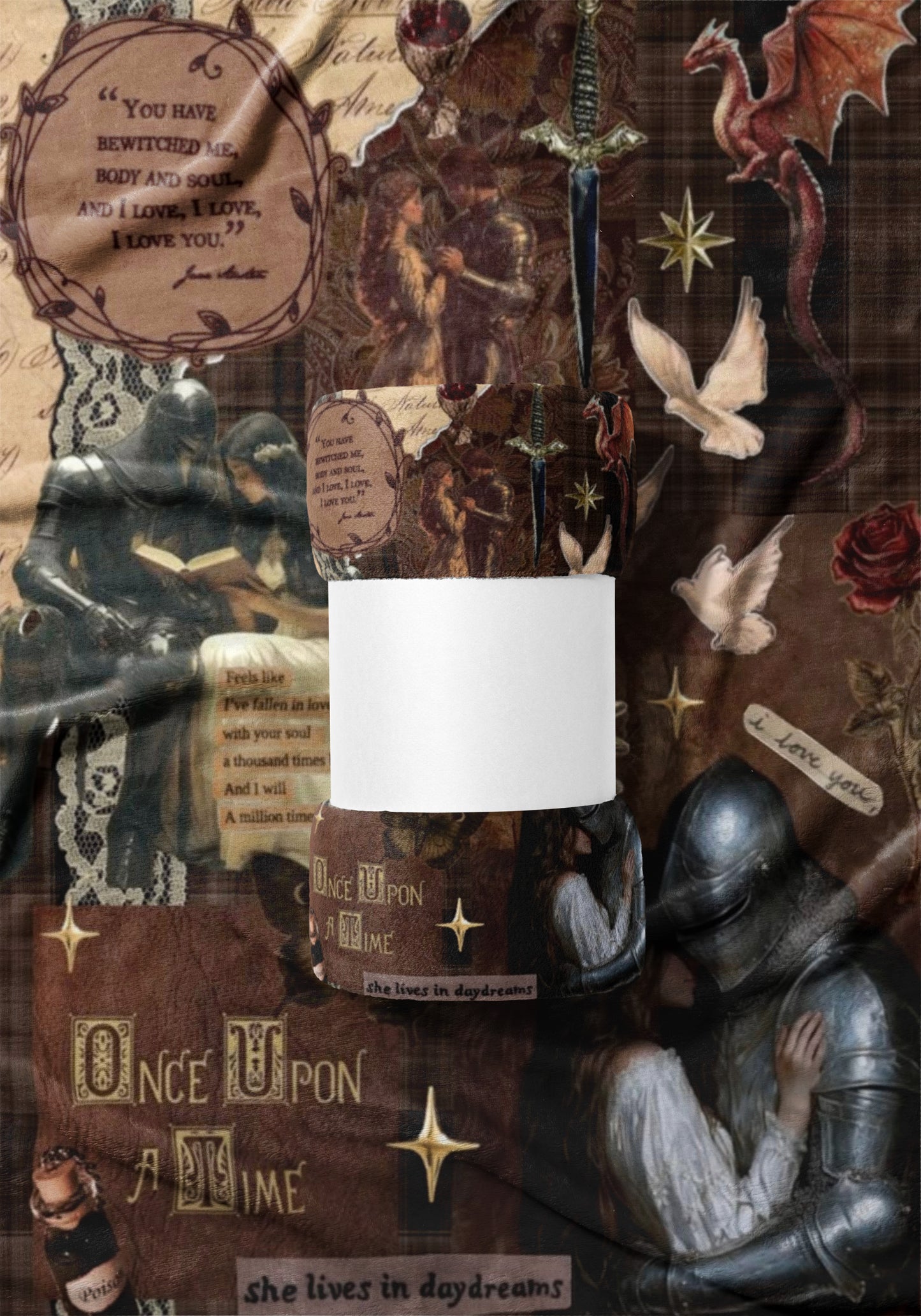 Collage of knights, dragons, doves, swords, and romantic couples with text fragments.