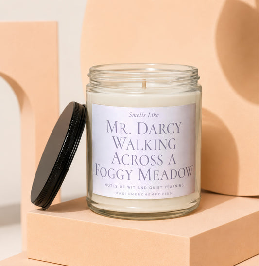 Candle labeled "Mr. Darcy Walking Across a Foggy Meadow".