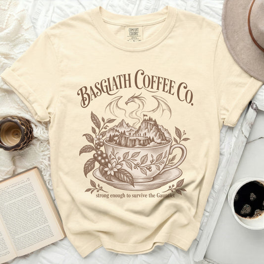 Basgiath Coffee Co. shirt with dragon and mountains inside a coffee cup.