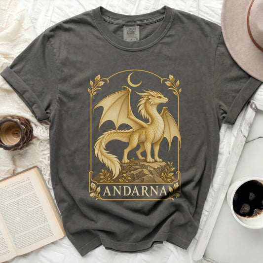 Dark gray t-shirt with a golden dragon and crescent moon design labeled ANDARNA.