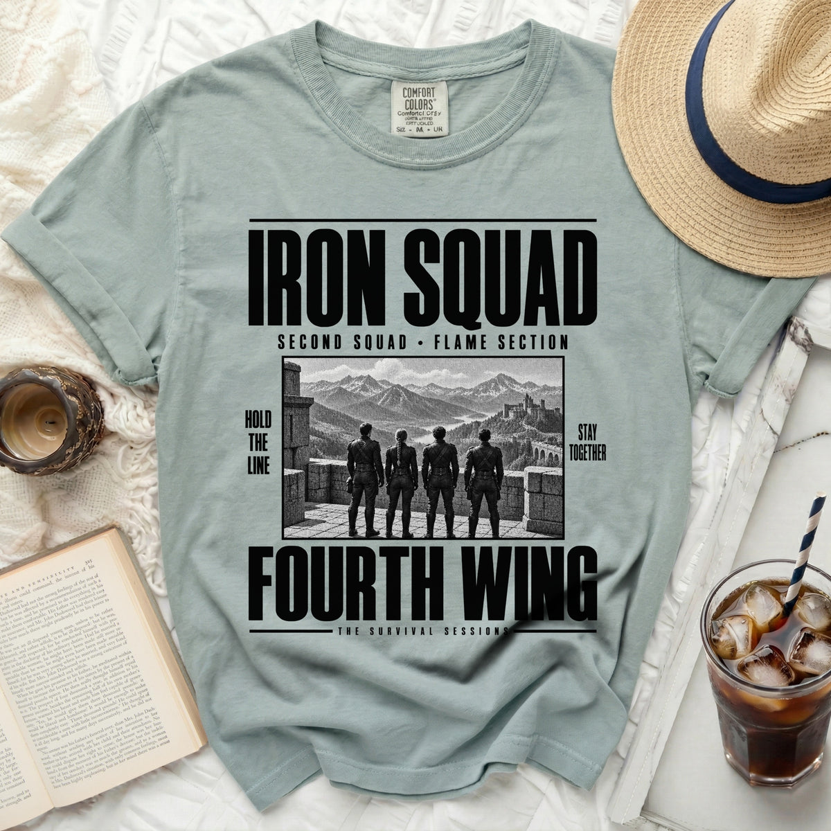 Light green Comfort Colors t-shirt with "Iron Squad" and "Fourth Wing" graphic.