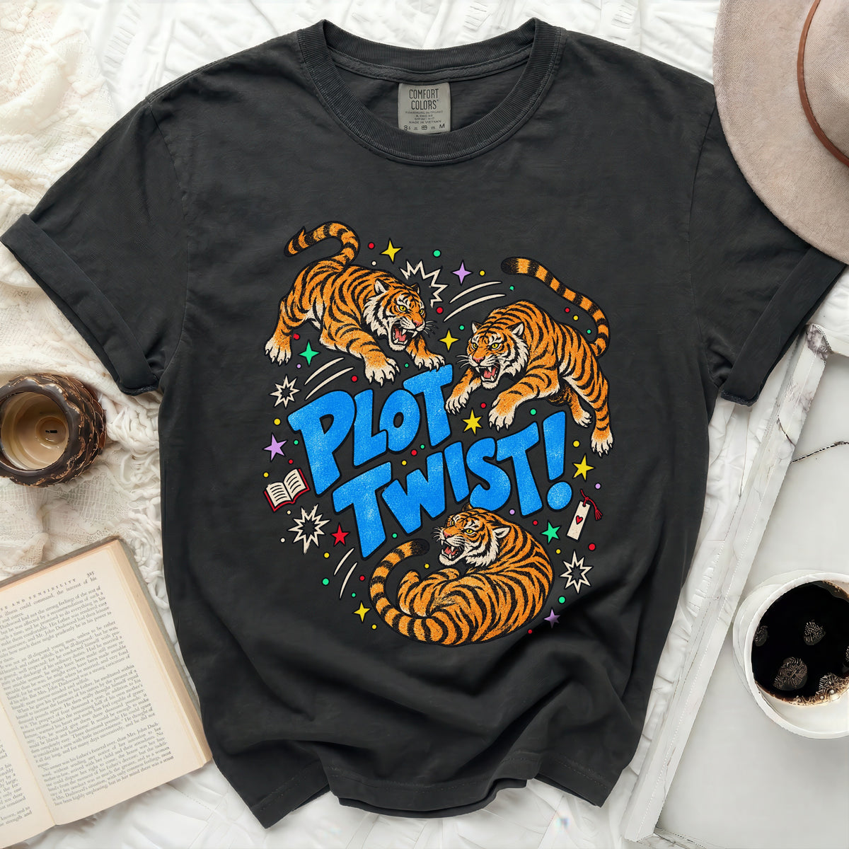Black t-shirt with three tigers and "PLOT TWIST!" text design.