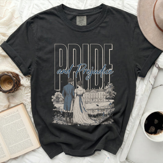 Dark t-shirt with "Pride and Prejudice" text and historical illustration.