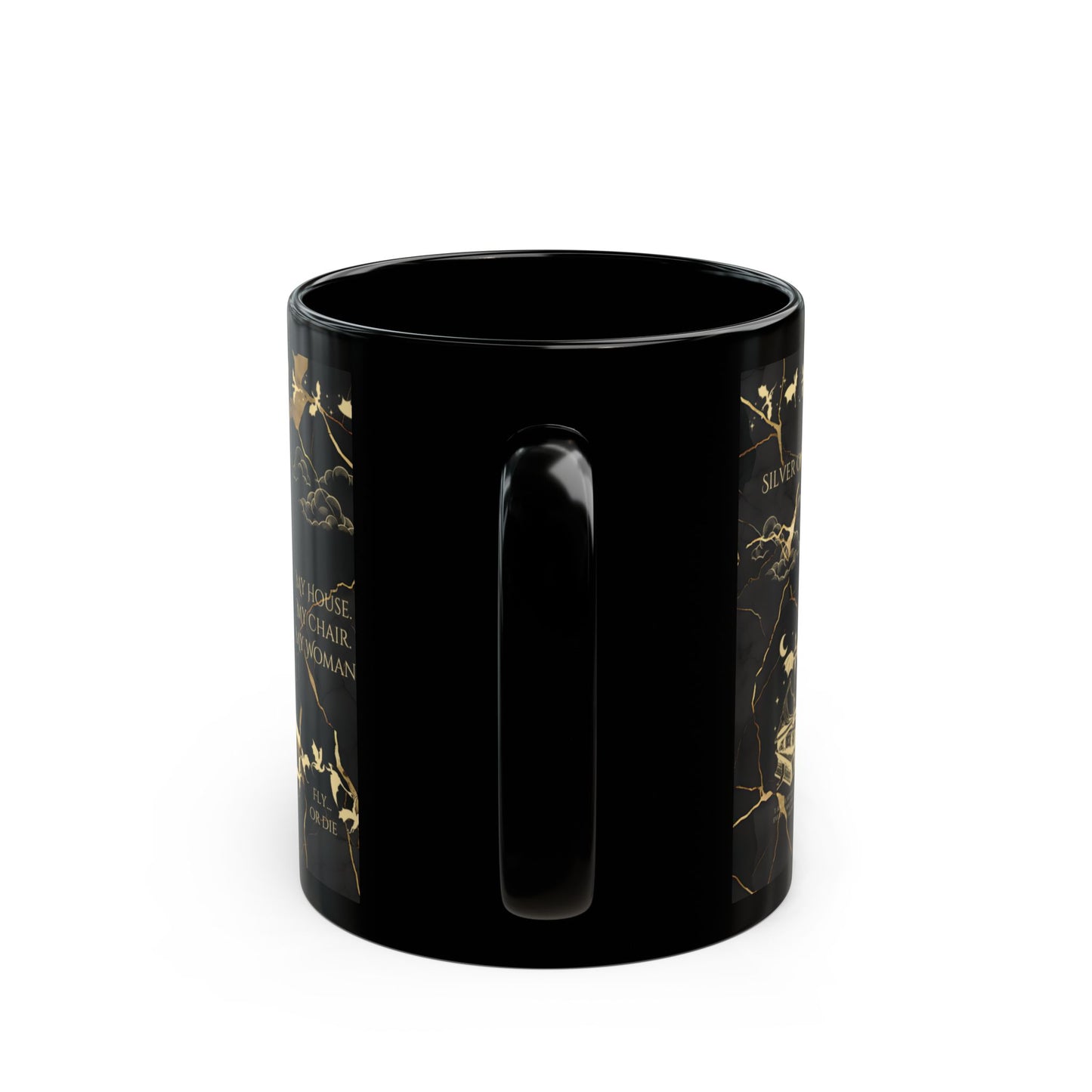 a black cup with gold designs on it