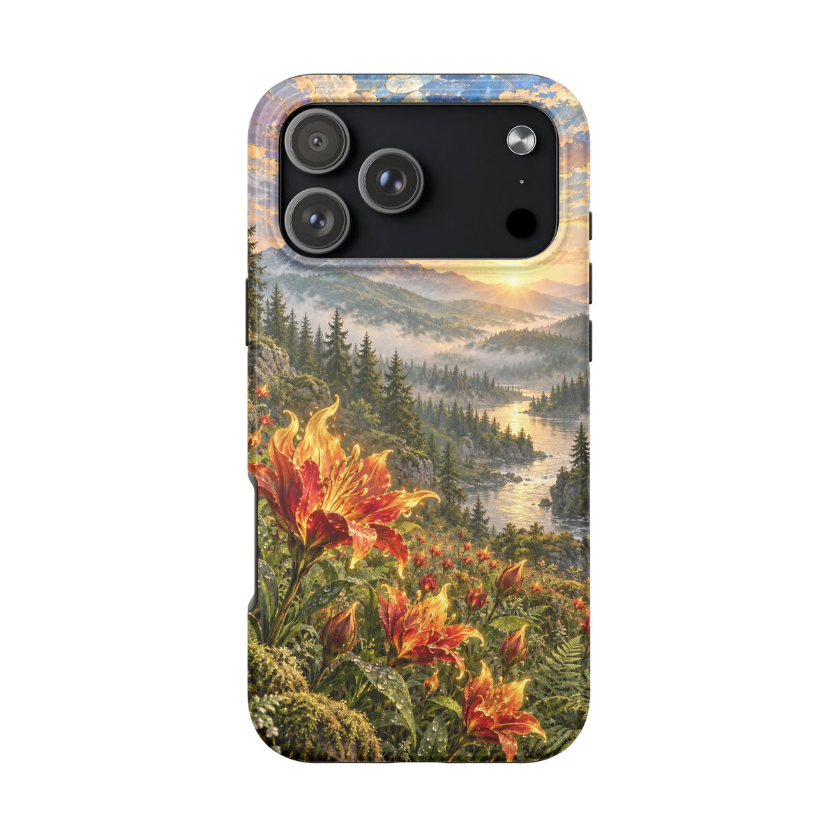 A phone case featuring a landscape print with glowing orange flowers, a winding river, and misty mountains at sunset.