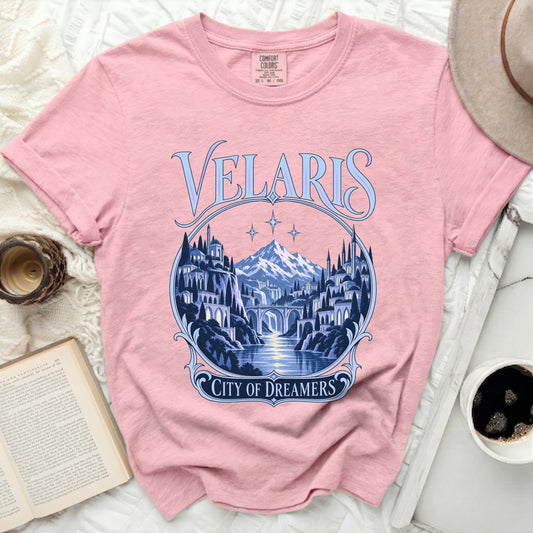 Pink t-shirt with "Velaris City of Dreamers" graphic featuring a fantasy city.